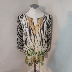 Chicos Size 3 Beige Black Zebra Print Floral Embellished‎ V Neck Tunic Top